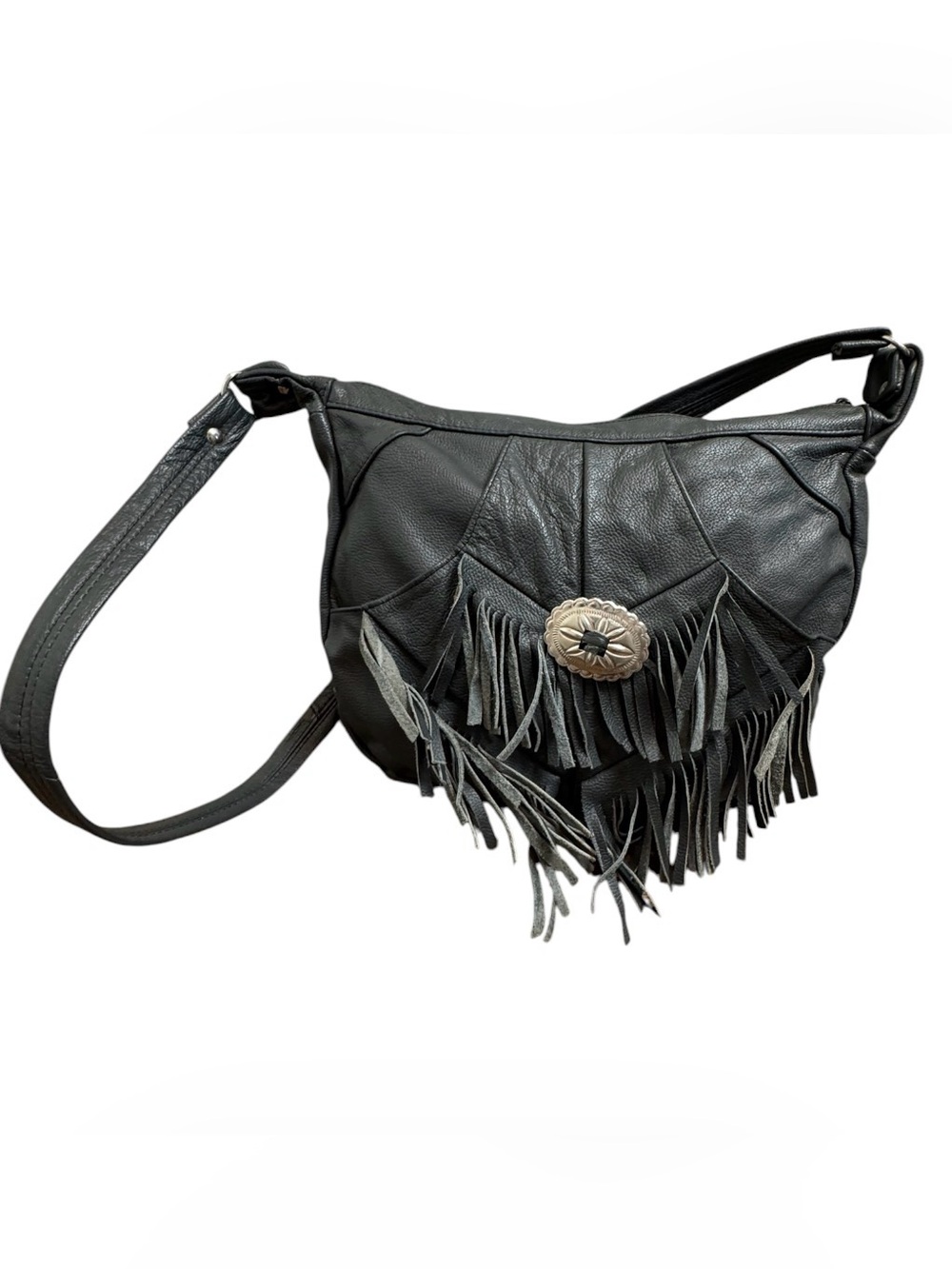 Vintage Gray Genuine Leather Fringe Hobo Bag Western Concho $75 Retail